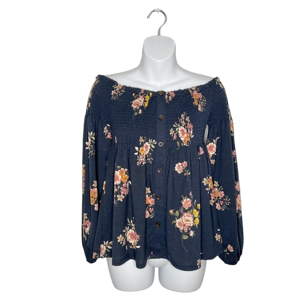 NWT Xhilaration Dark Floral Smocked Chest Babydoll Blouse
